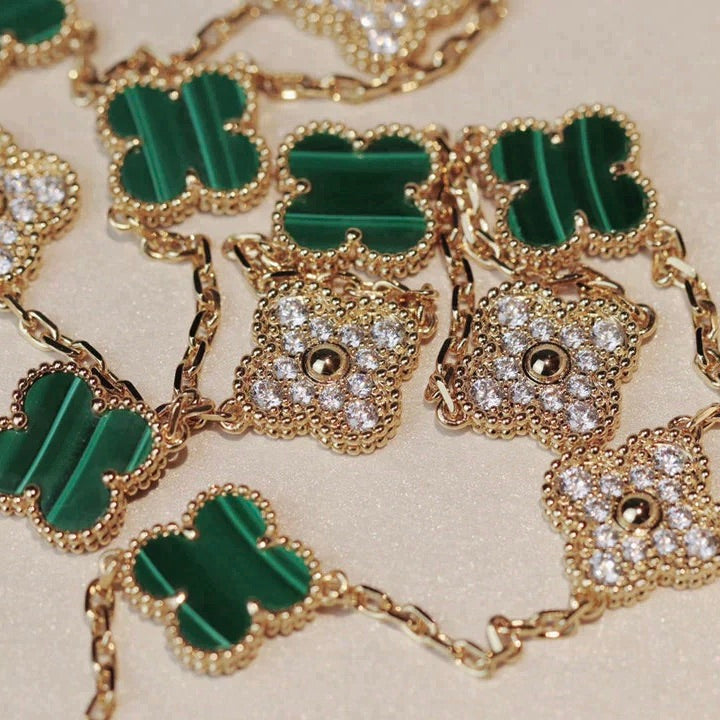 Mysitc CLOVER 20 MOTIFS MALACHITE DIAMOND NECKLACE