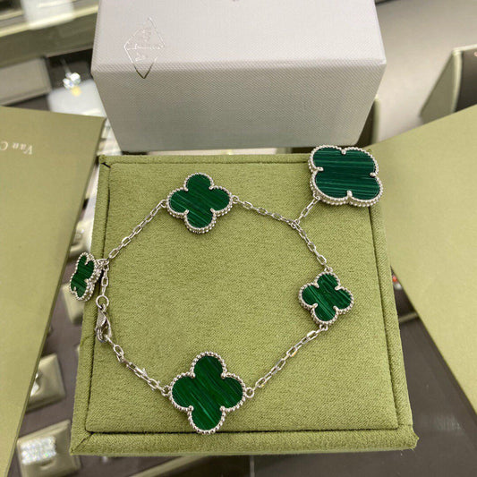 Mysitc CLOVER 5 MOTIFS SIVLER MALACHITE BRACELET