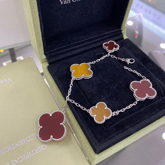 Mysitc CLOVER 5 MOTIFS SIVLER CARNELIAN TIGER EYE BRACELET