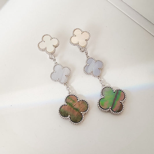Mysitc CLOVER 3 MOTIFS CHALCEDONY DARK MOP SILVER EARRINGS