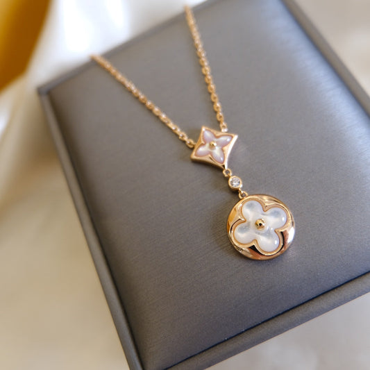 Mysitc STAR AND SUN WHITE MOP 2 MOTIF PINK GOLD NECKLACE