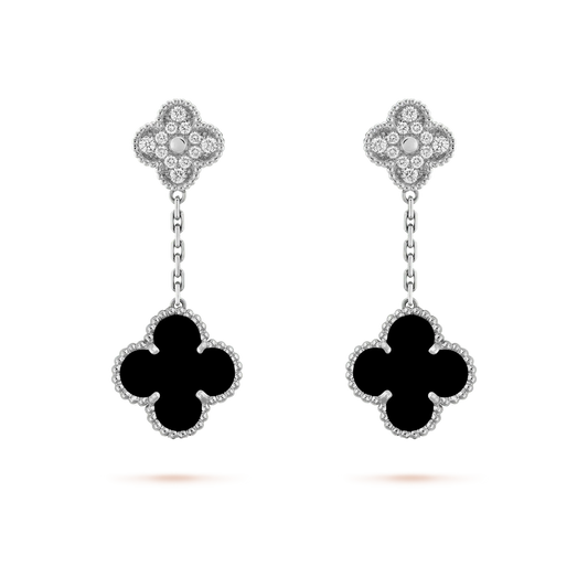 Mysitc CLOVER 2 MOTIFS  DIAMOND ONYX EARRINGS SILVER